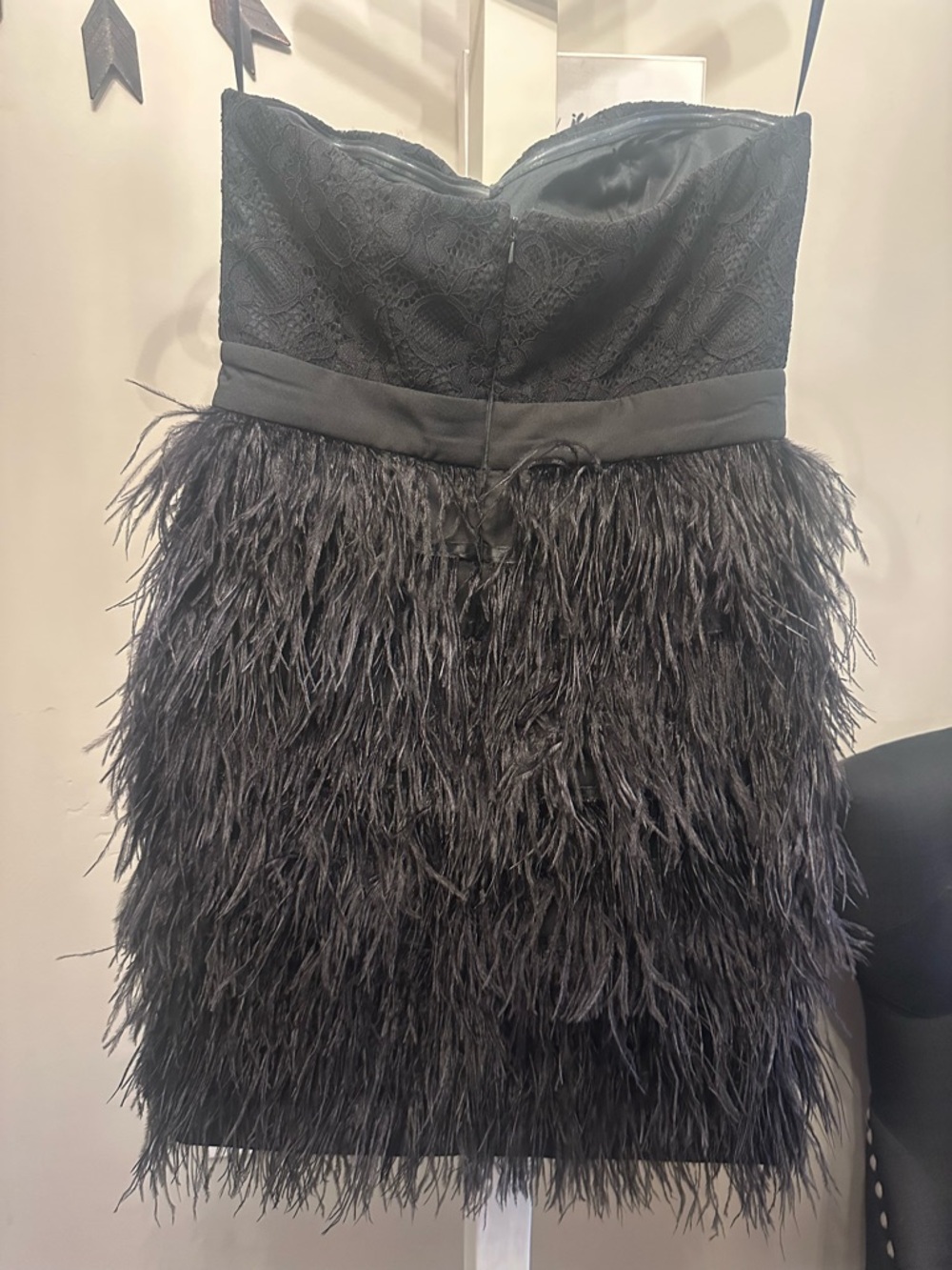 Black Strapless Feather-Trim Mini Dress - Picture 6 of 7